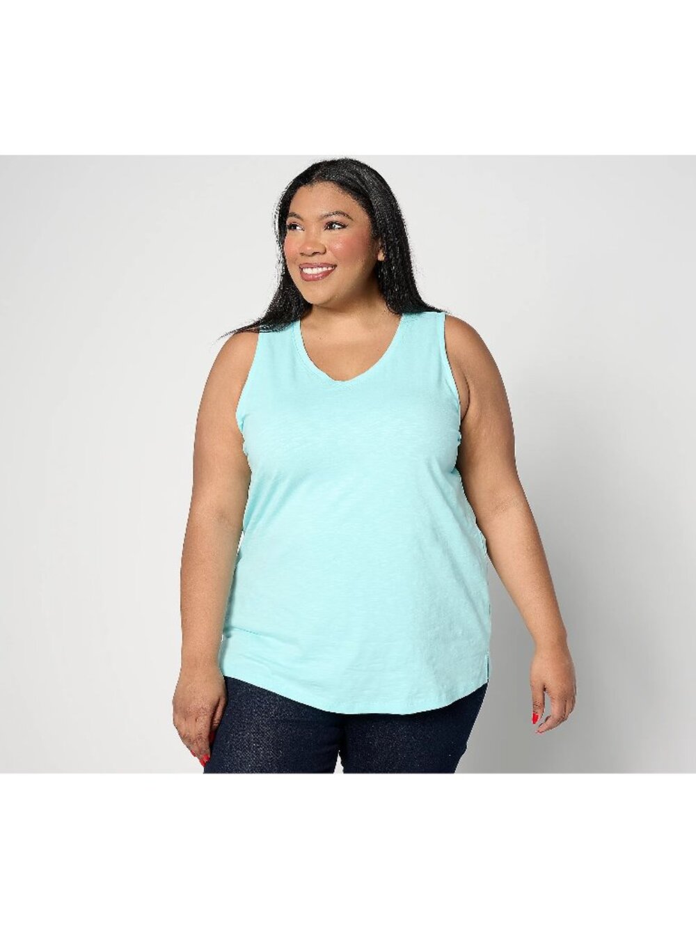 Denim and Co Essentials Texture Knit V Neck Tank Top Womens Large Capri Aqua NEW